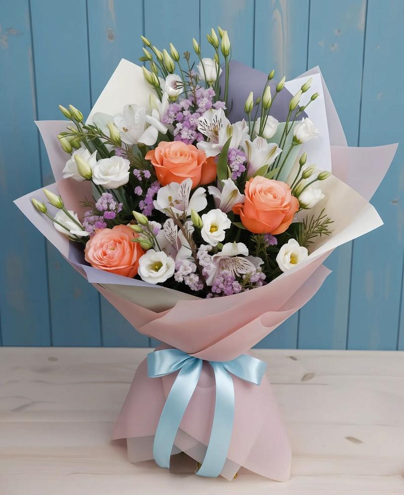 Букет цветов из: Лизиантусы, Розы, Альстромерии и Гипсофила в Ржеве